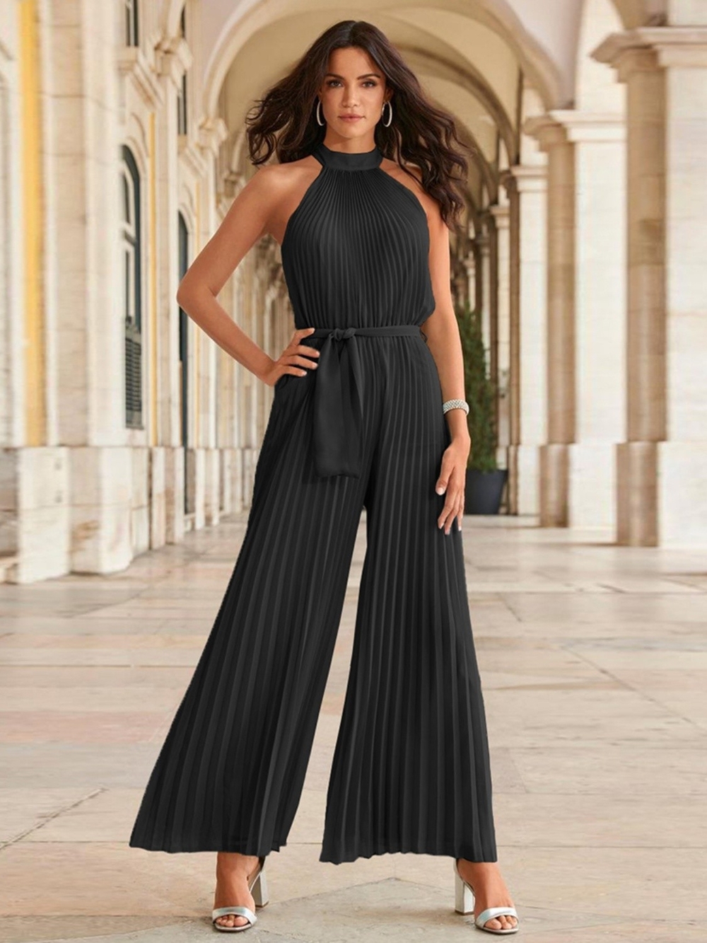 Pleated Halter Wide-Leg Jumpsuit — Black